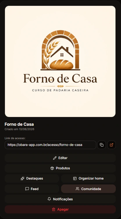 Card de configuração do app Forno de Casa